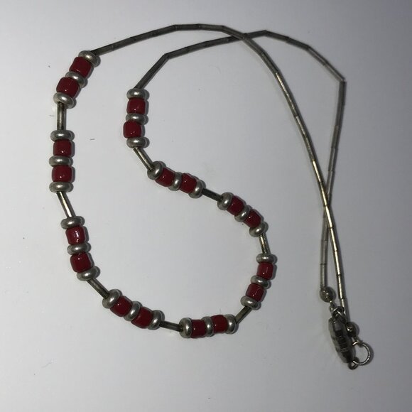 15" Shiny Orange Red and Silver Beaded Necklace - Picture 5 of 7